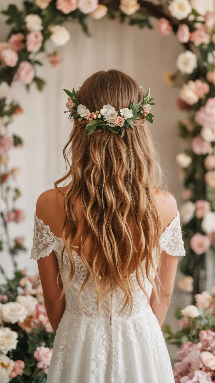 fall wedding hairstyles ideas 2025 Flowing Waves With a Floral Crown