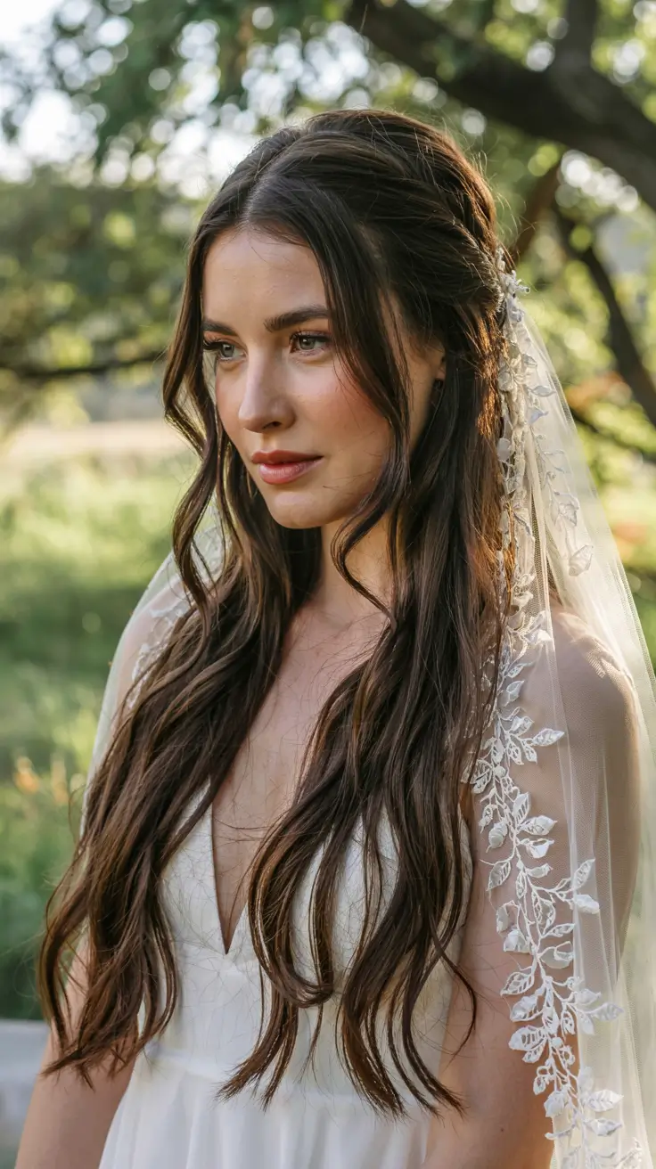 fall wedding hairstyles ideas 2025 Long Flowing Waves With Lace Veil