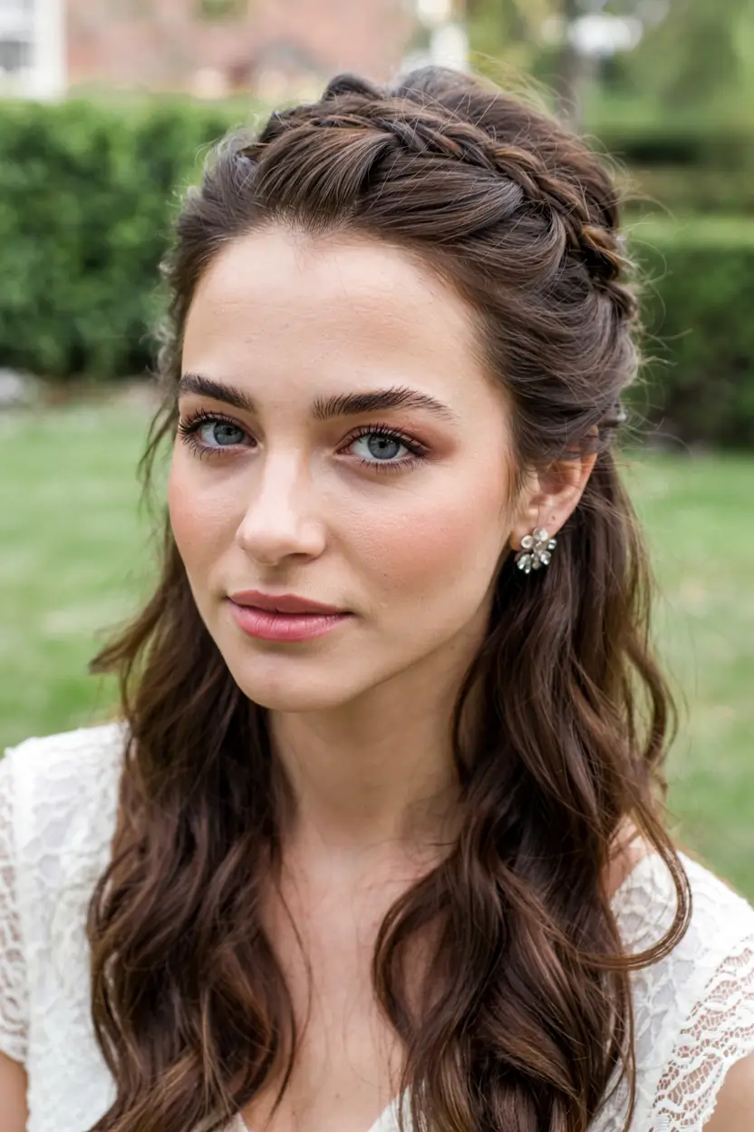 fall wedding hairstyles ideas 2025 Soft Braided Half-Up With Loose Curls