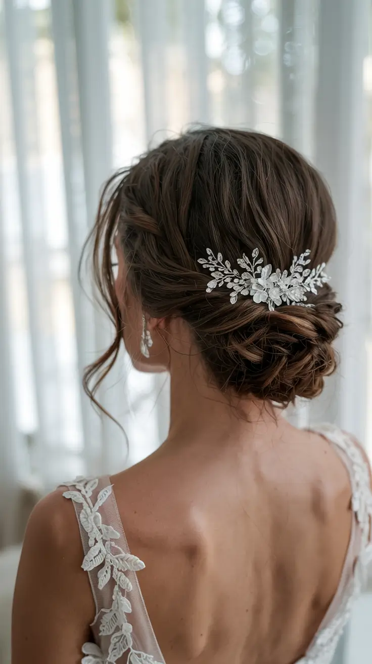 fall wedding hairstyles ideas 2025 Low Textured Bun With Floral Clip