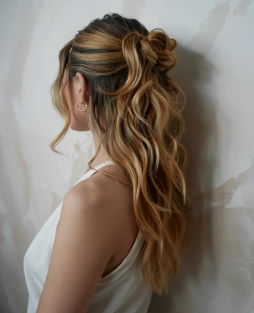 fall wedding hairstyles ideas 2025 Half-Up Bow With Long Waves