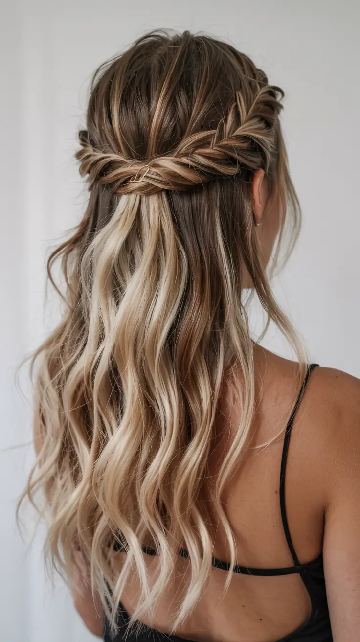 fall wedding hairstyles ideas 2025 Fishtail Braided Half-Up With Blonde Dimension