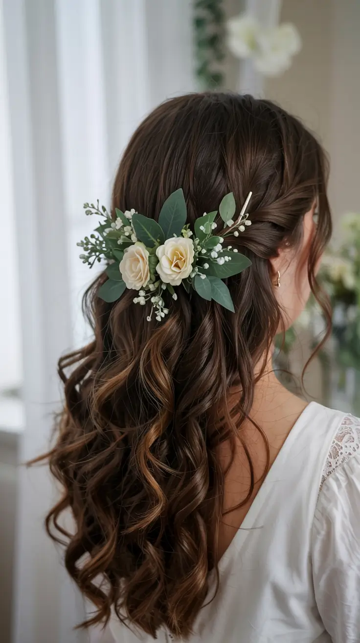 fall wedding hairstyles ideas 2025 Half-Up Curls With Greenery Accents