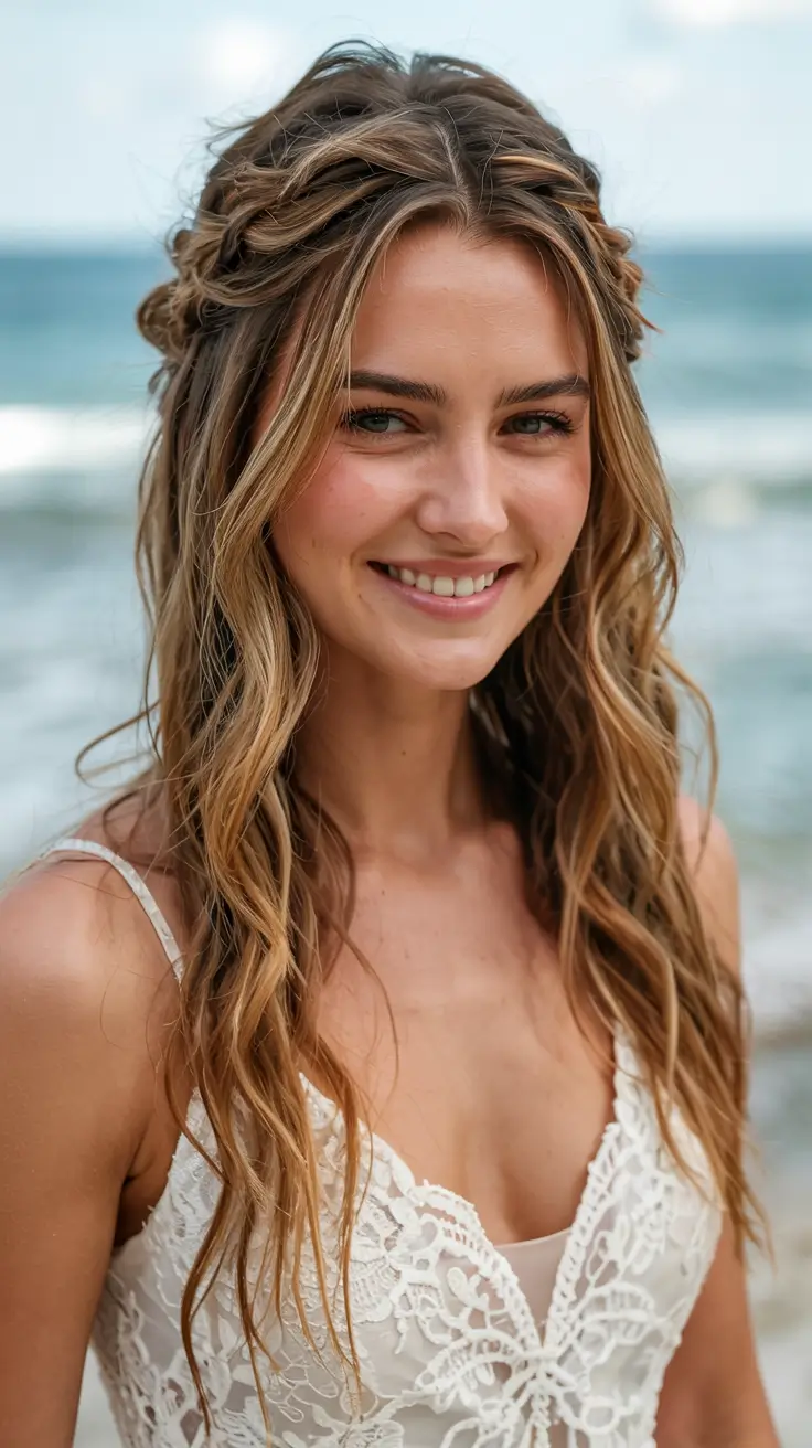 fall wedding hairstyles ideas 2025 Beachy Twists for a Coastal Fall Wedding
