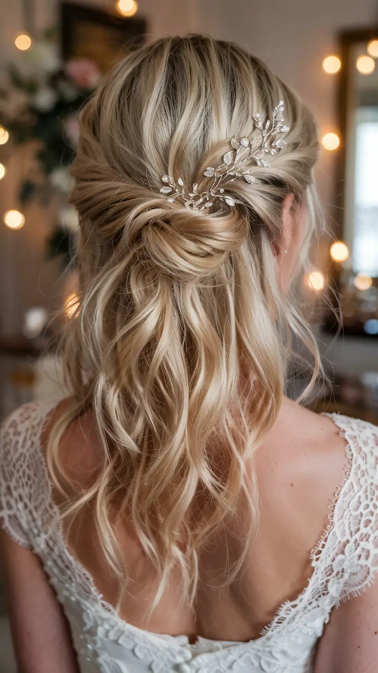 fall wedding hairstyles ideas 2025 Textured Half-Up Knot With Crystal Sprigs