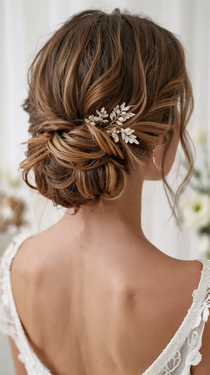 fall wedding hairstyles ideas 2025 Elegant Low Chignon With Metallic Leaf Pin