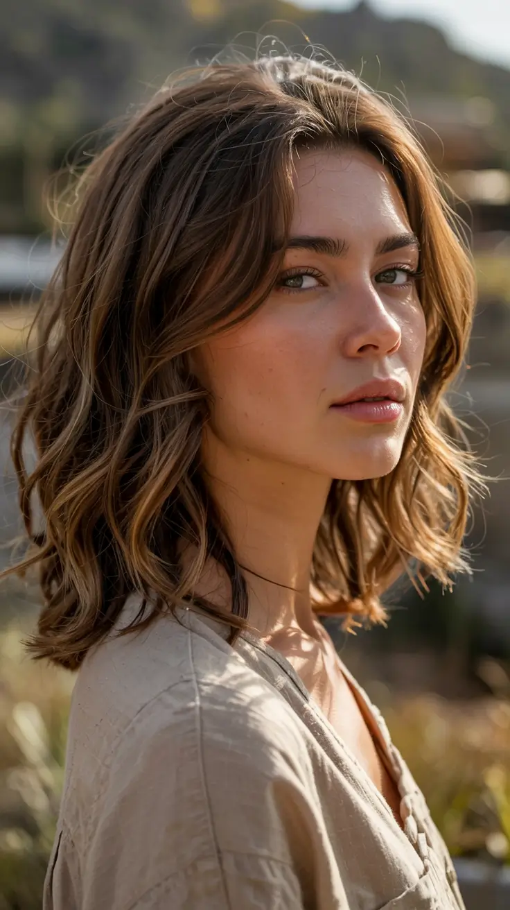 medium length fall haircuts ideas 2025 Golden Hour Waves With Volume Layers