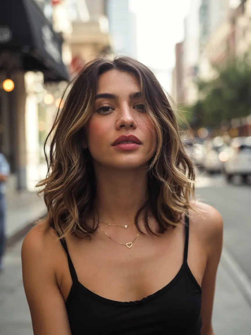 medium length fall haircuts ideas 2025 City Chic Waves With Shadow Root