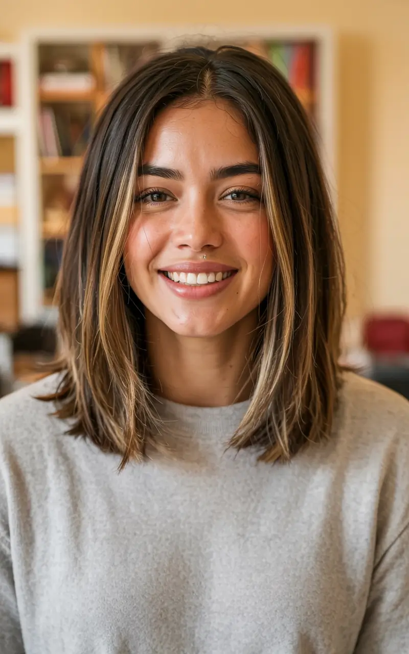 medium length fall haircuts ideas 2025 Flat-Iron Finish With Hidden Blonde Threads