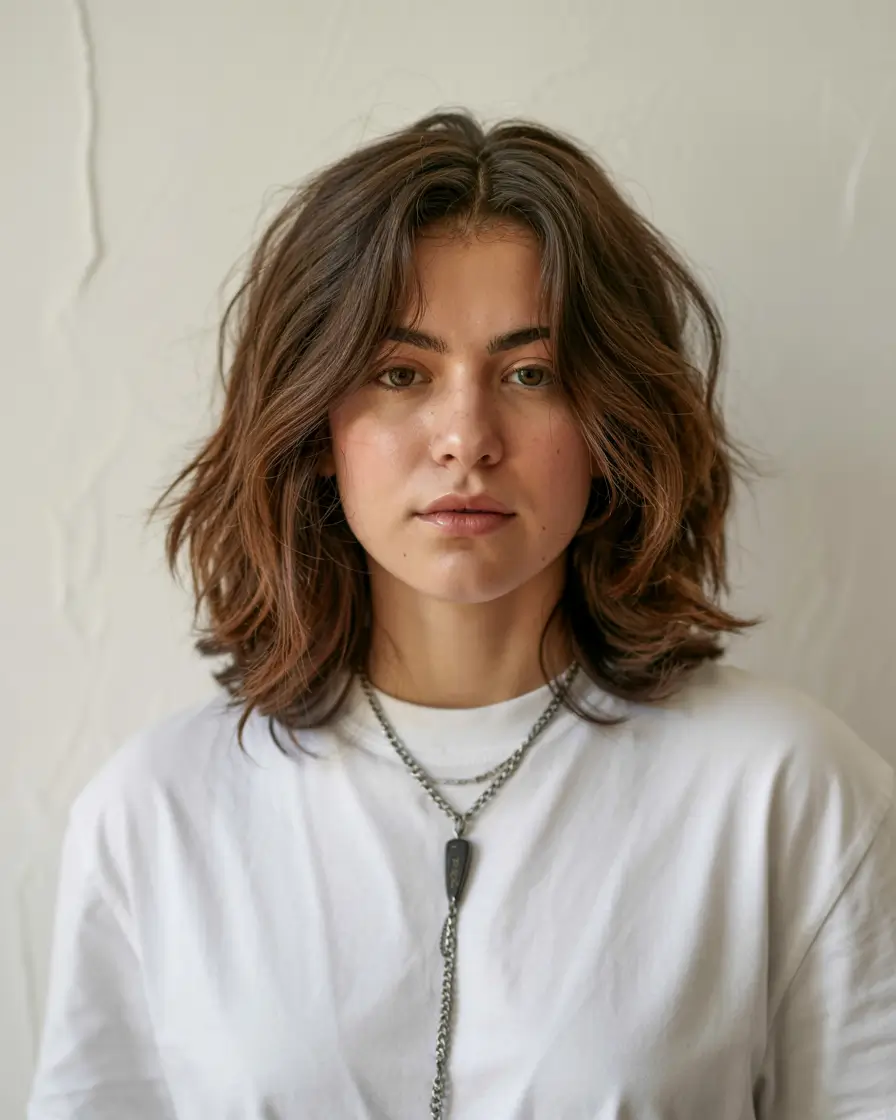medium length fall haircuts ideas 2025 Playful Tousled Waves with Caramel Highlights