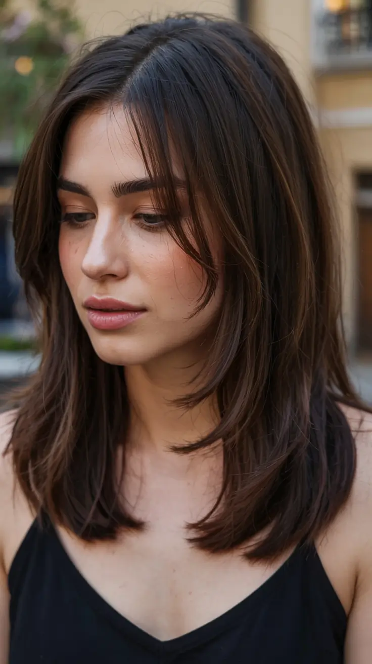 medium length fall haircuts ideas 2025 Airy Layers With Side-Swept Bangs