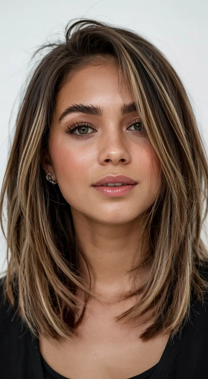 medium length fall haircuts ideas 2025 Money Piece Highlights With Razor-Cut Layers