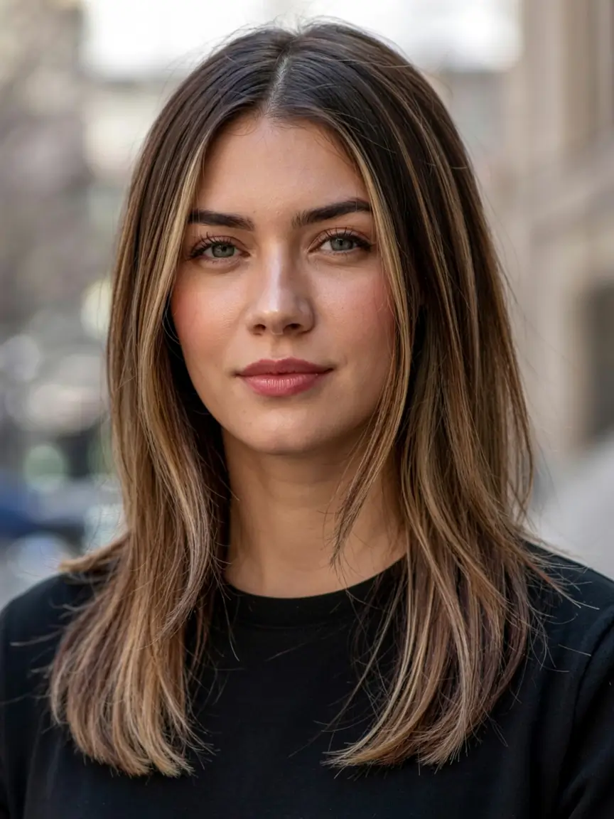 medium length fall haircuts ideas 2025 Sleek + Centered With Subtle Golden Tones