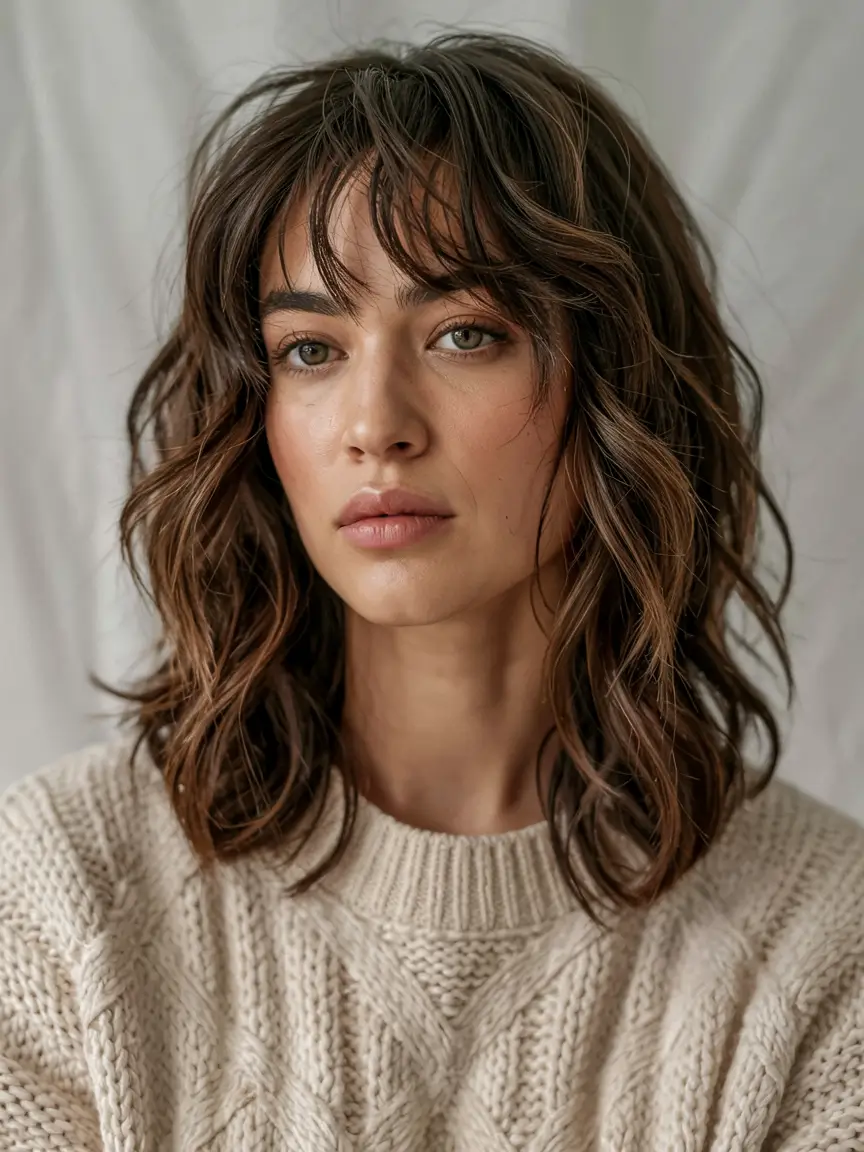popular fall haircuts ideas 2025 Curly Shag with Curtain Bangs