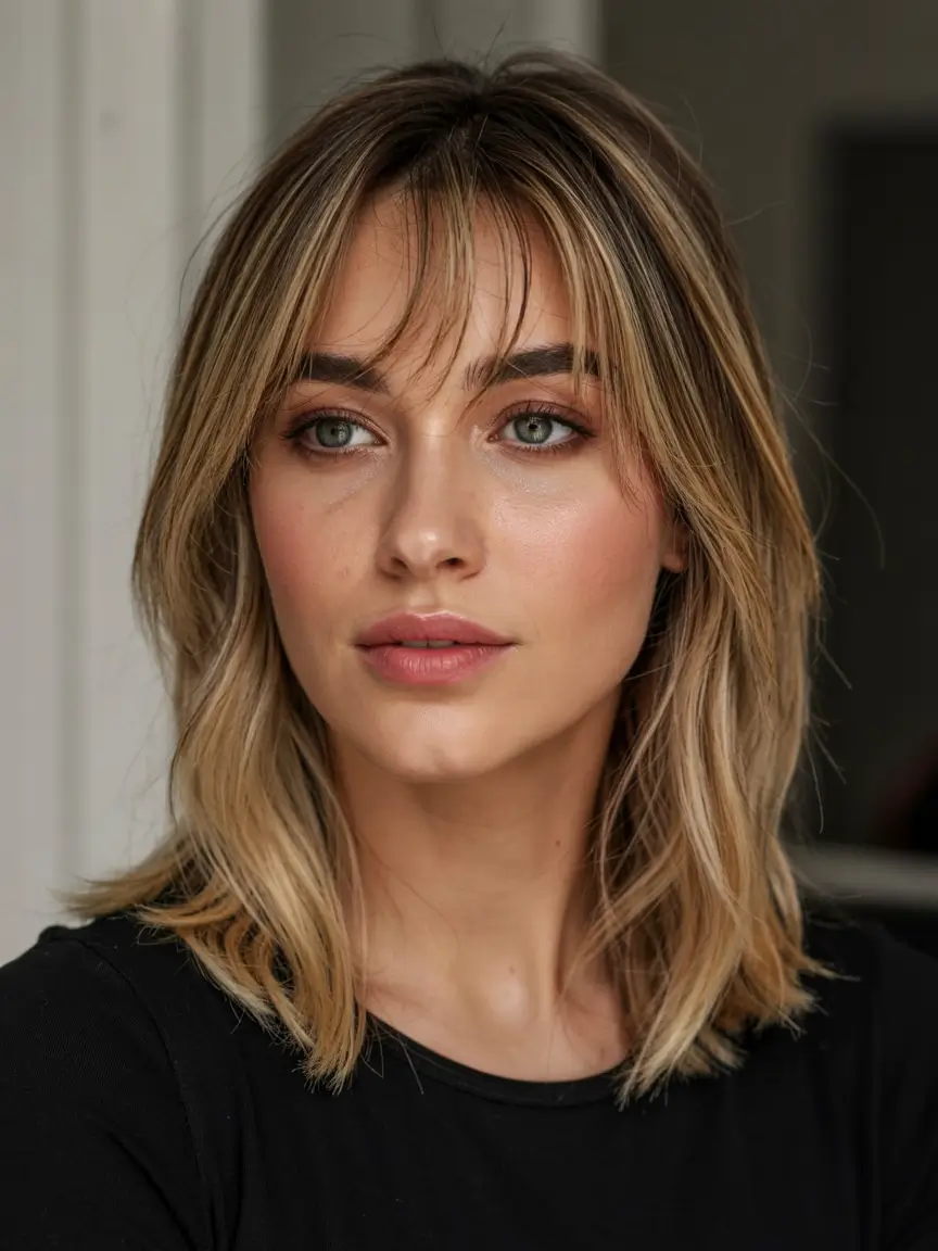 popular fall haircuts ideas 2025 Mid-Length Blonde with Bottleneck Bangs