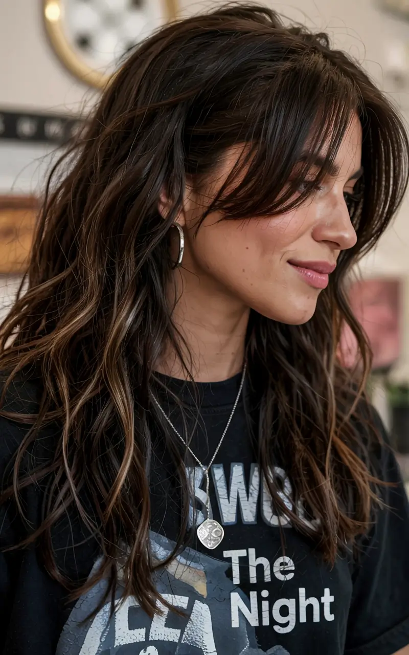popular fall haircuts ideas 2025 Layered Brunette with Long Curtain Fringe