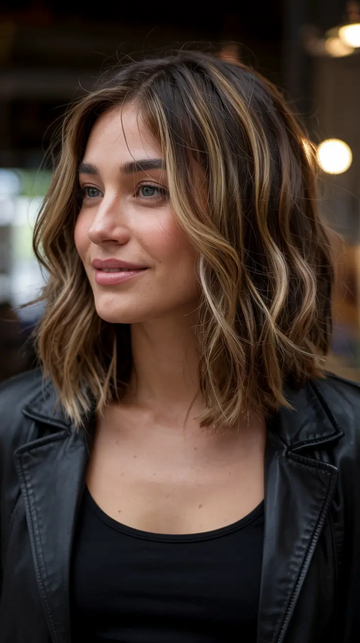 popular fall haircuts ideas 2025 Choppy Lob with Glossy Balayage