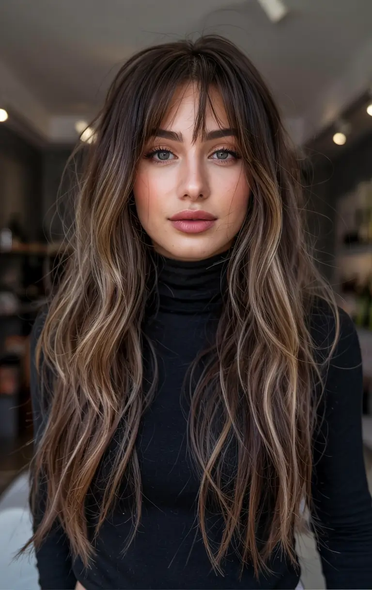 popular fall haircuts ideas 2025 Ultra-Long Layers with Curtain Bangs