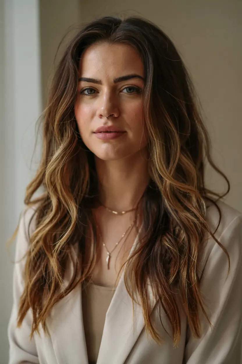 popular fall haircuts ideas 2025 Romantic Long Layers with Subtle Caramel Ribbons