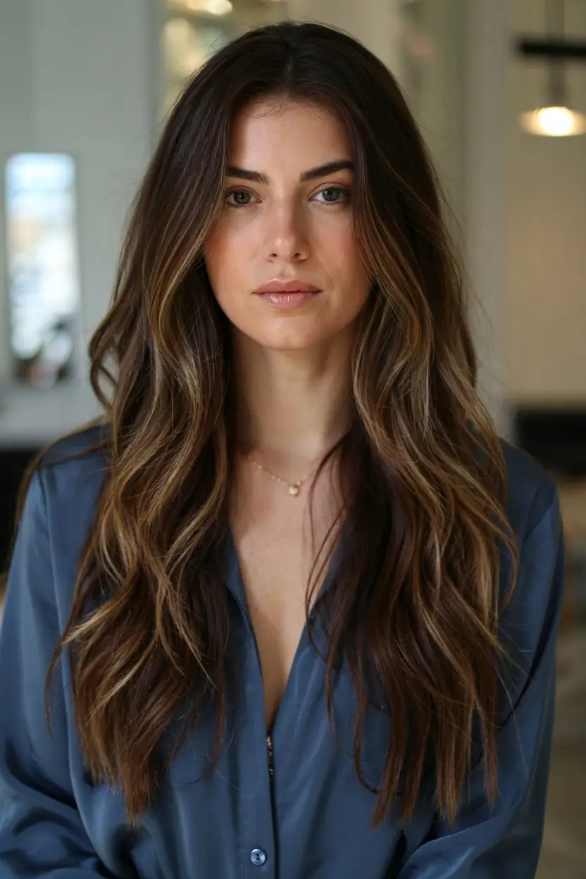 popular fall haircuts ideas 2025 Glamorous Espresso Brunette with Dimensional Waves