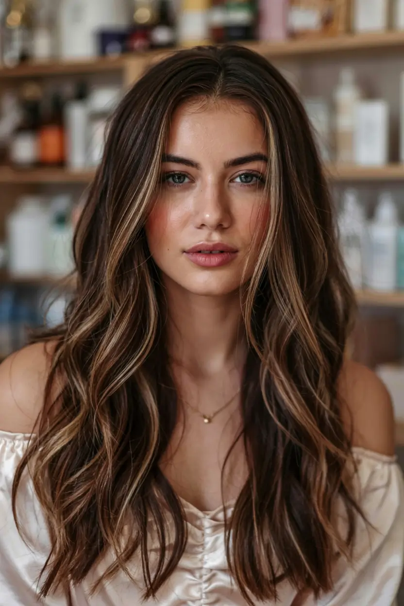 popular fall haircuts ideas 2025 Rich Brunette Waves with Barely-There Layers