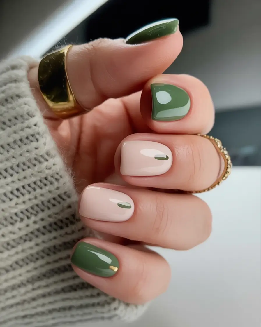 short fall nails trends 2025 Olive and Nude Accent Mix