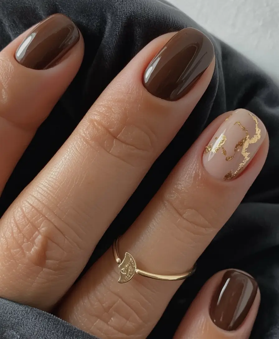 short fall nails trends 2025 Gilded Chocolate Accent