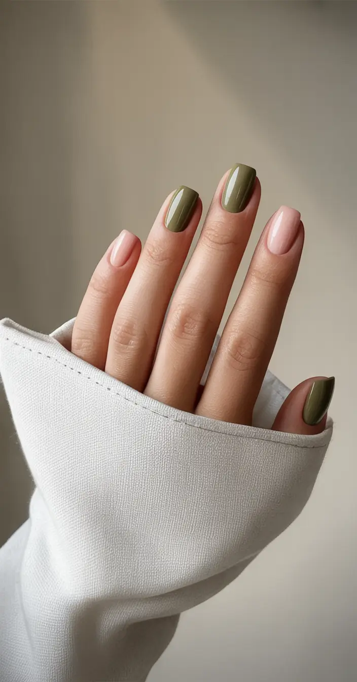 short fall nails trends 2025 Muted Olive and Nude Duo