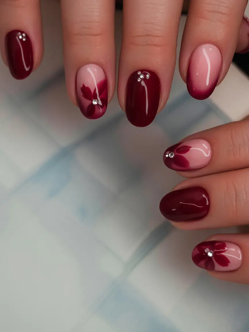 short fall nails trends 2025 Wine Petals and Crystals