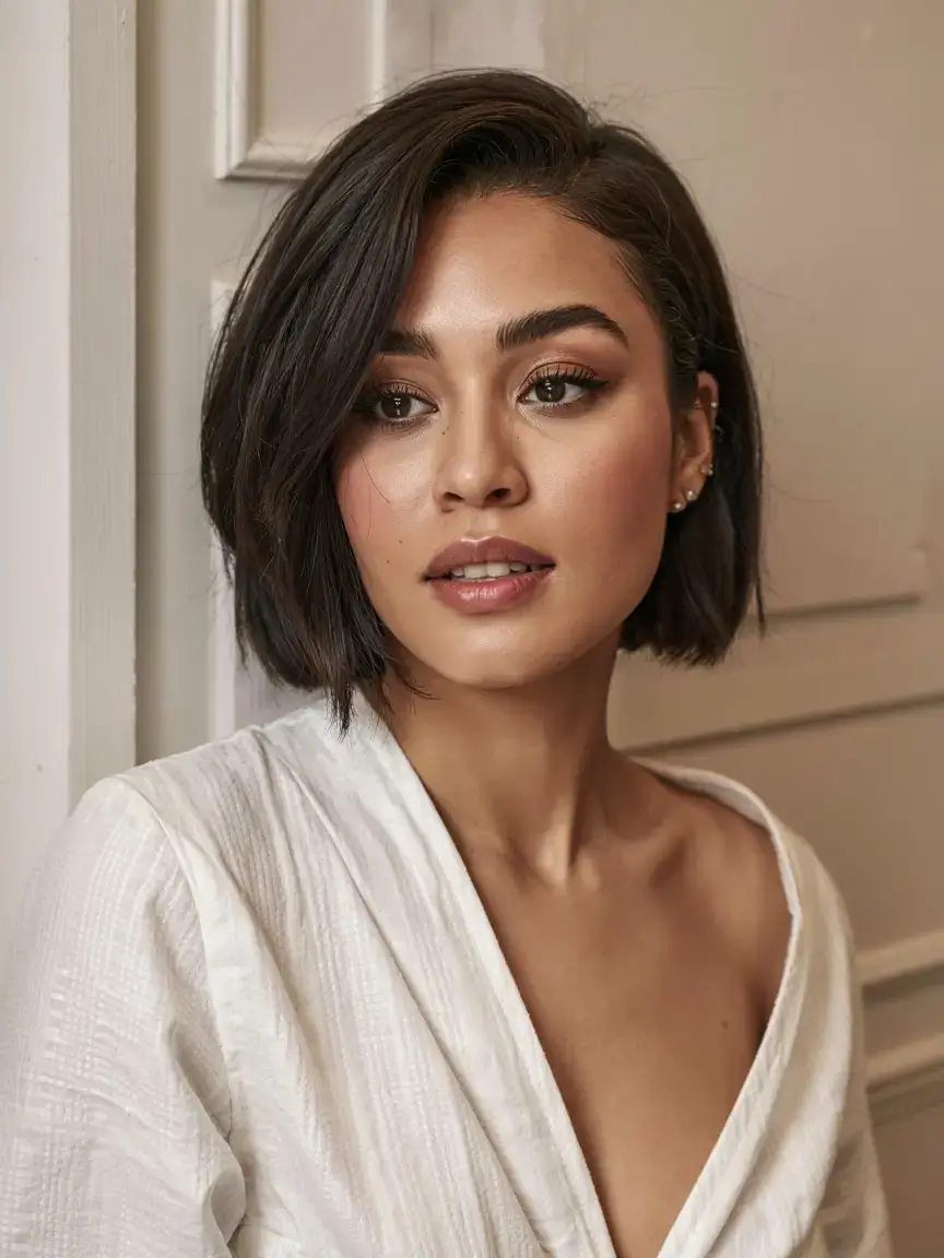 short haircut for fall 2025+Sleek, Deep-Parted, and Understated Glam