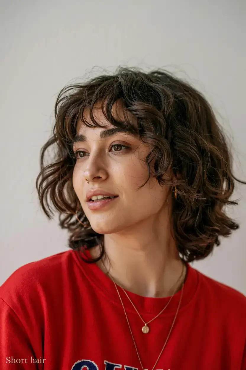 short haircut for fall 2025+Curly Volume with Retro Bangs