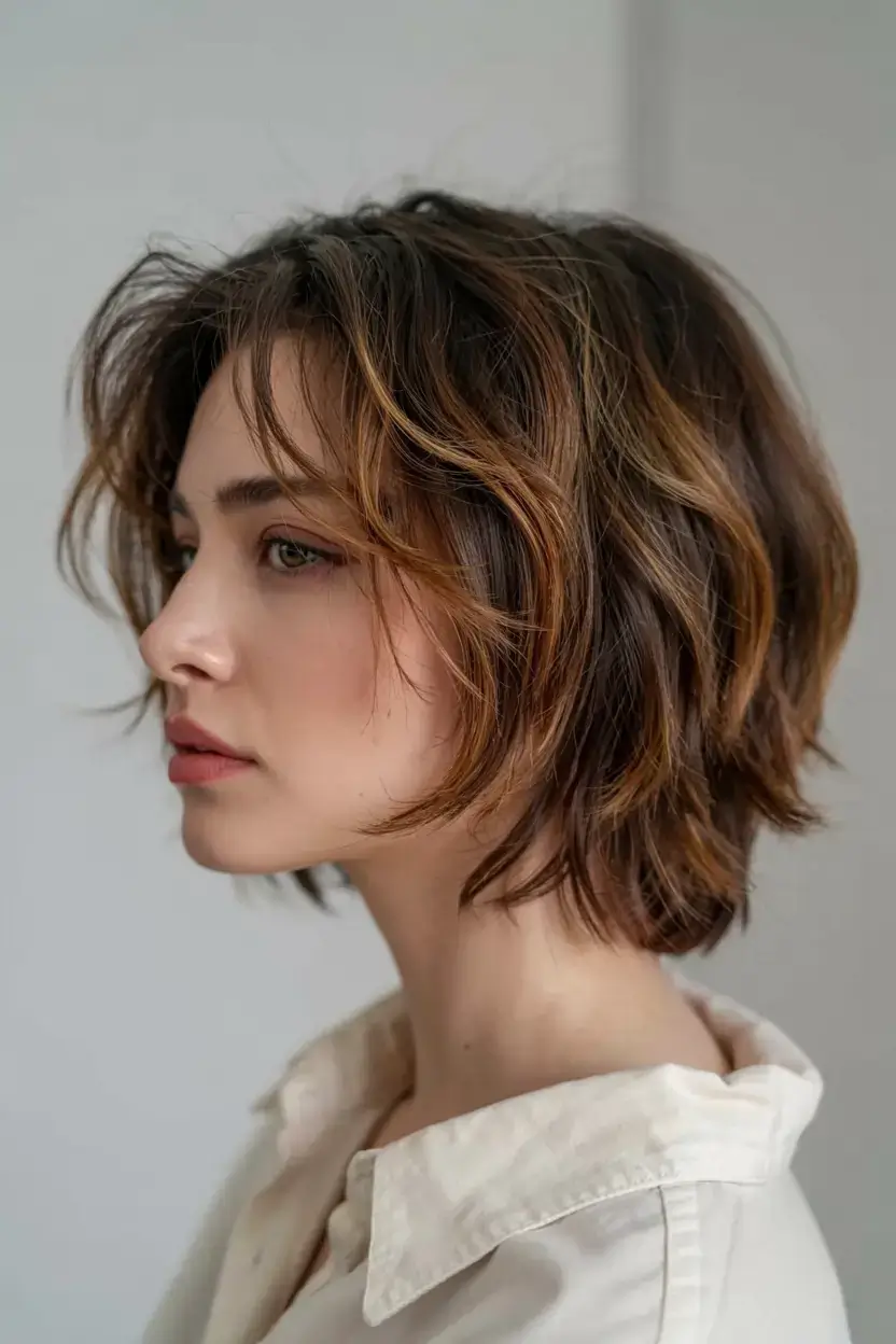 short haircut for fall 2025+Soft Shag Layers with Buttery Copper Lights
