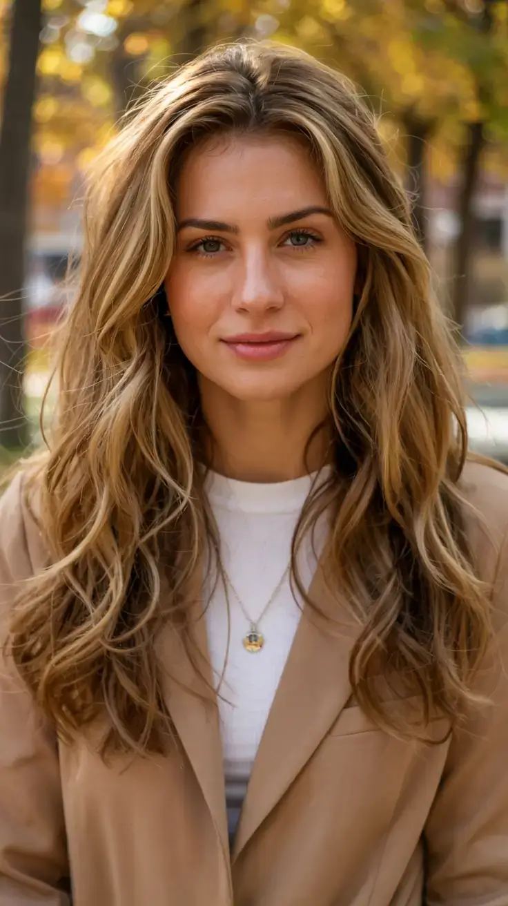warm fall hair color ideas 2025+Honeyed Wheat Layers