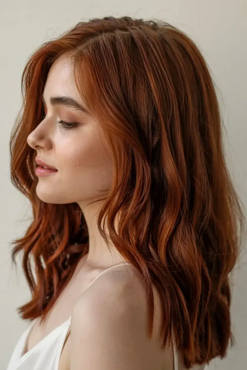warm fall hair color ideas 2025+Burnished Copper Midlength