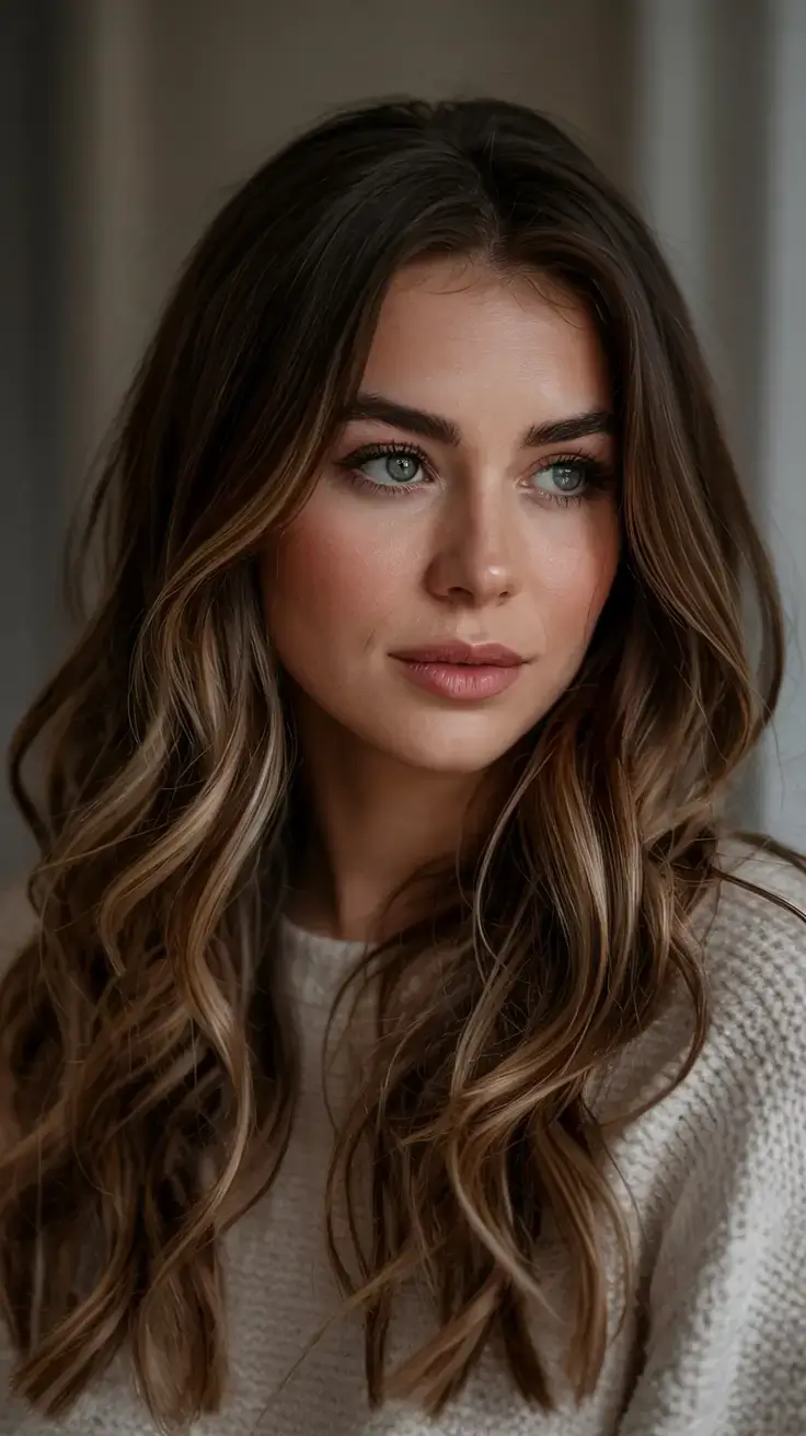 warm fall hair color ideas 2025 Bronzed Balayage with Soft Curls