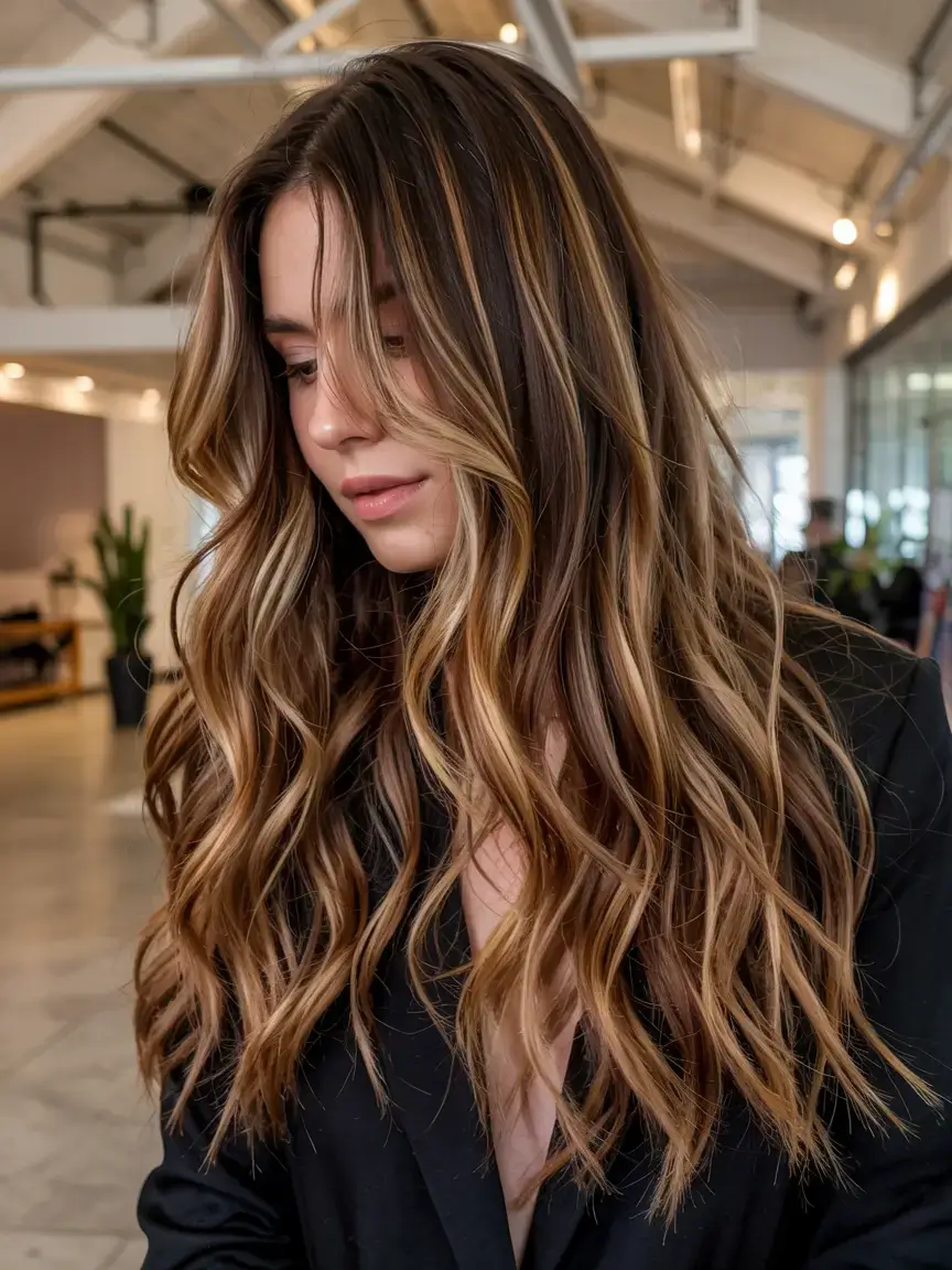 warm fall hair color ideas 2025+Espresso Glow Balayage