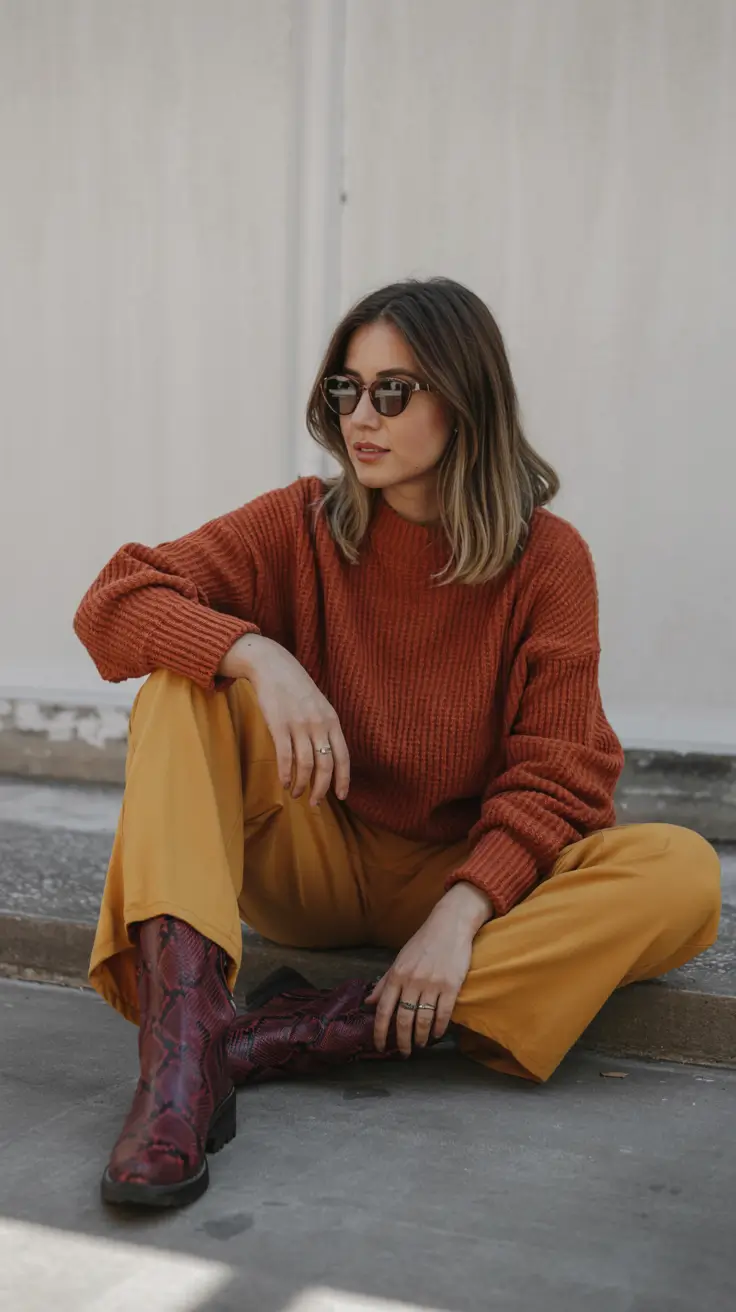 warm fall outfits ideas 2025+Spice Tones with a Statement Twist