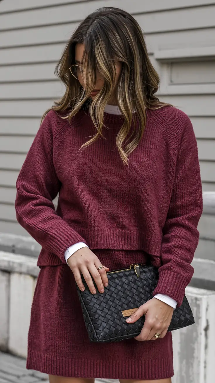 warm fall outfits ideas 2025+Berry Tones & Knit Coordination