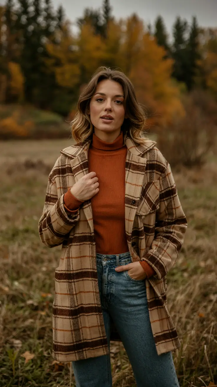 warm fall outfits ideas 2025+Rustic Plaid with a Pumpkin-Spice Glow