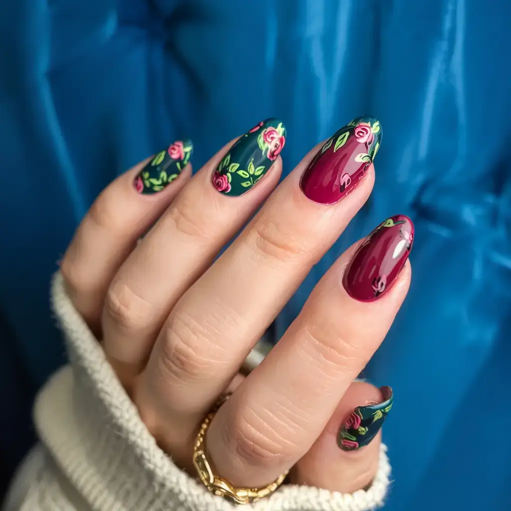 autumn nails designs 2025 Emerald Rose Romance