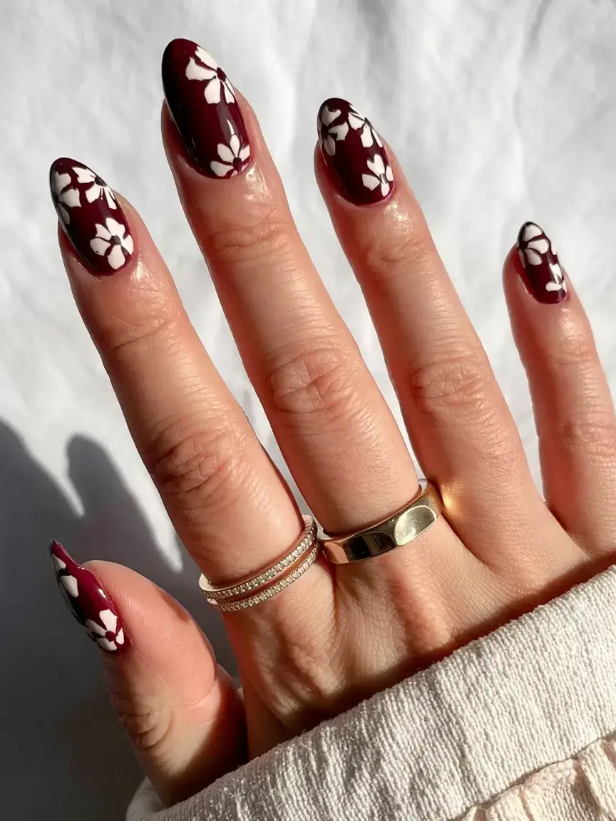 autumn nails designs 2025 Crimson Petal Contrast