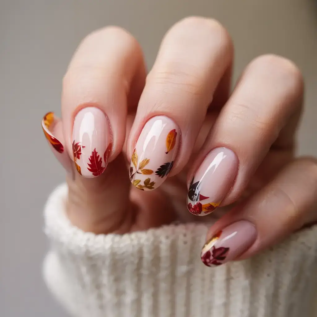 autumn nails designs 2025 Falling Leaves French
