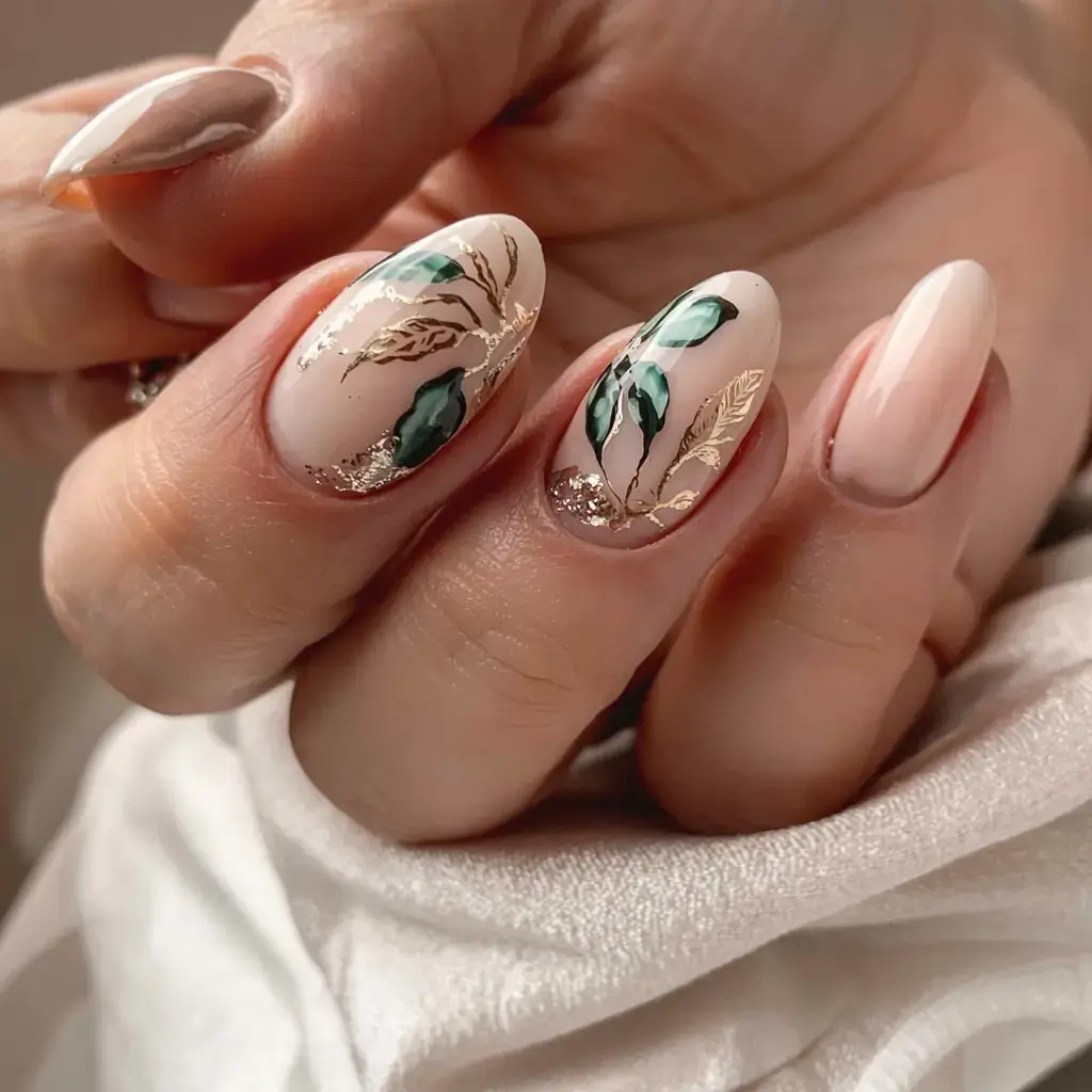 autumn nails designs 2025 Emerald Gold Veins