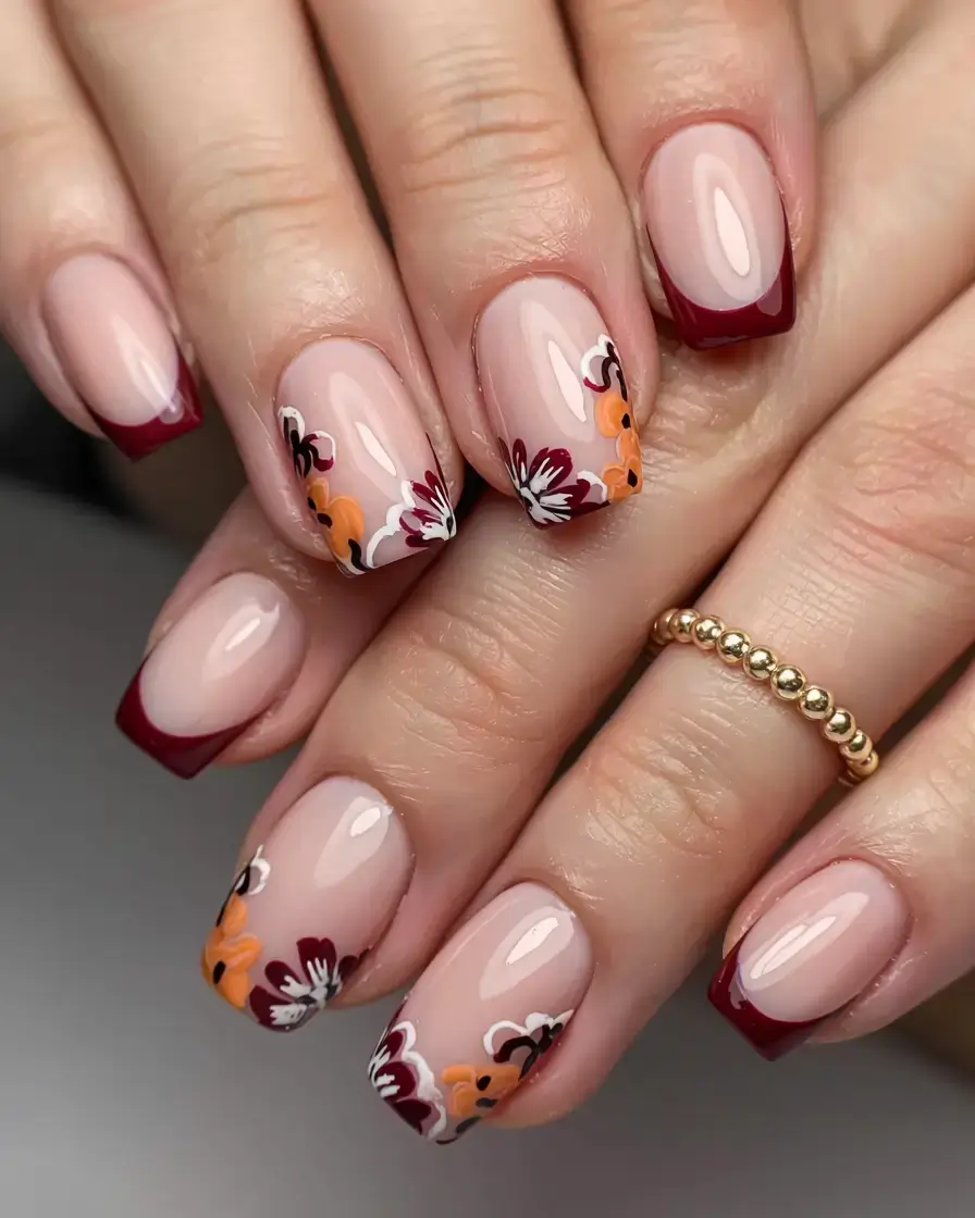 autumn nails designs 2025 Cranberry Blossom French