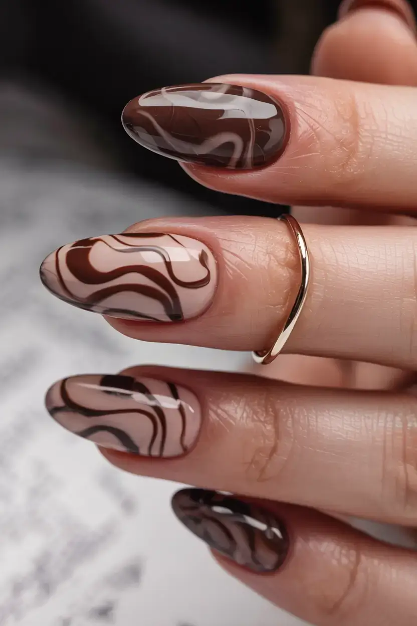 autumn nails designs 2025 Chocolate Marble Veins