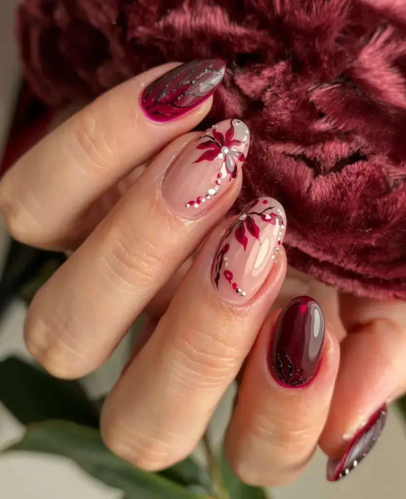 autumn nails designs 2025 Burgundy Bloom Cascade