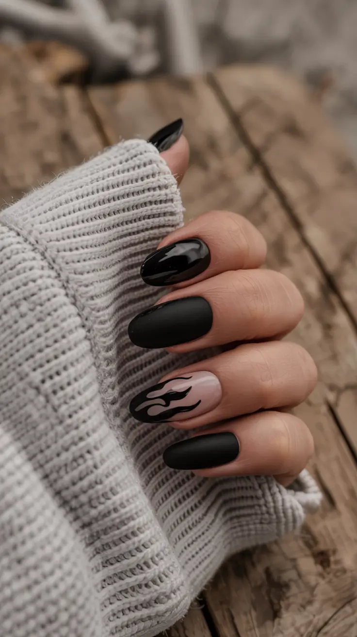 black fall nails 2025 Matte & Gloss Flames