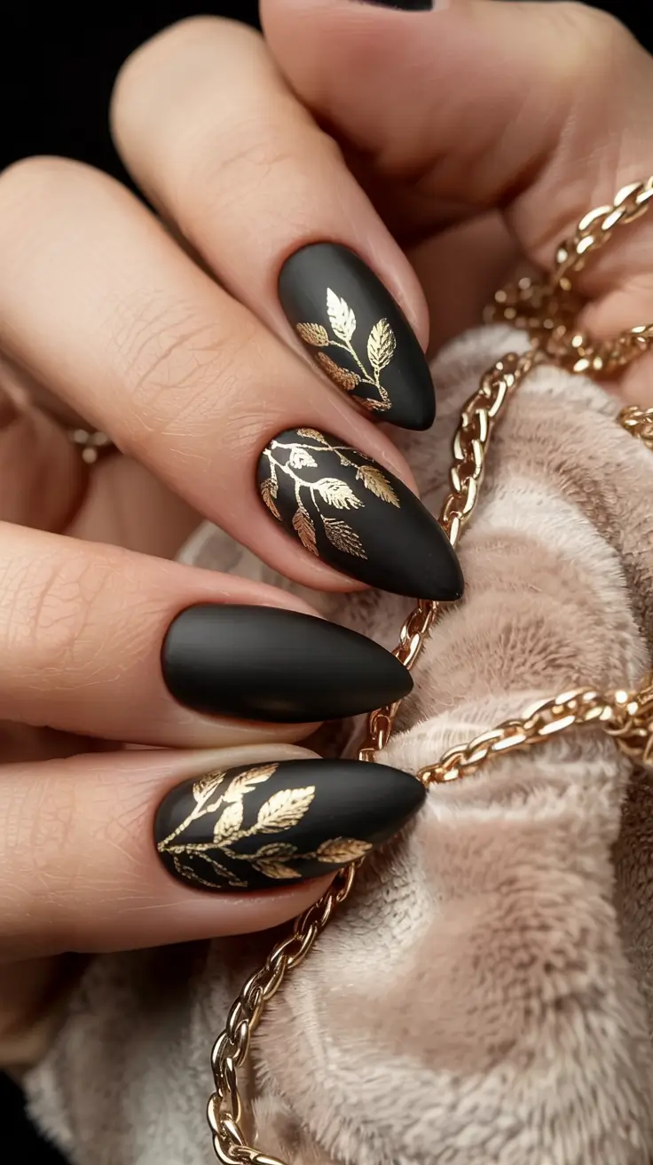black fall nails 2025 Matte Gold Leaf Elegance