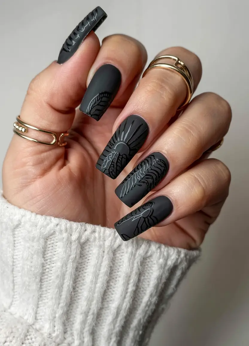 black fall nails 2025 Matte Mystique with Engraved Art