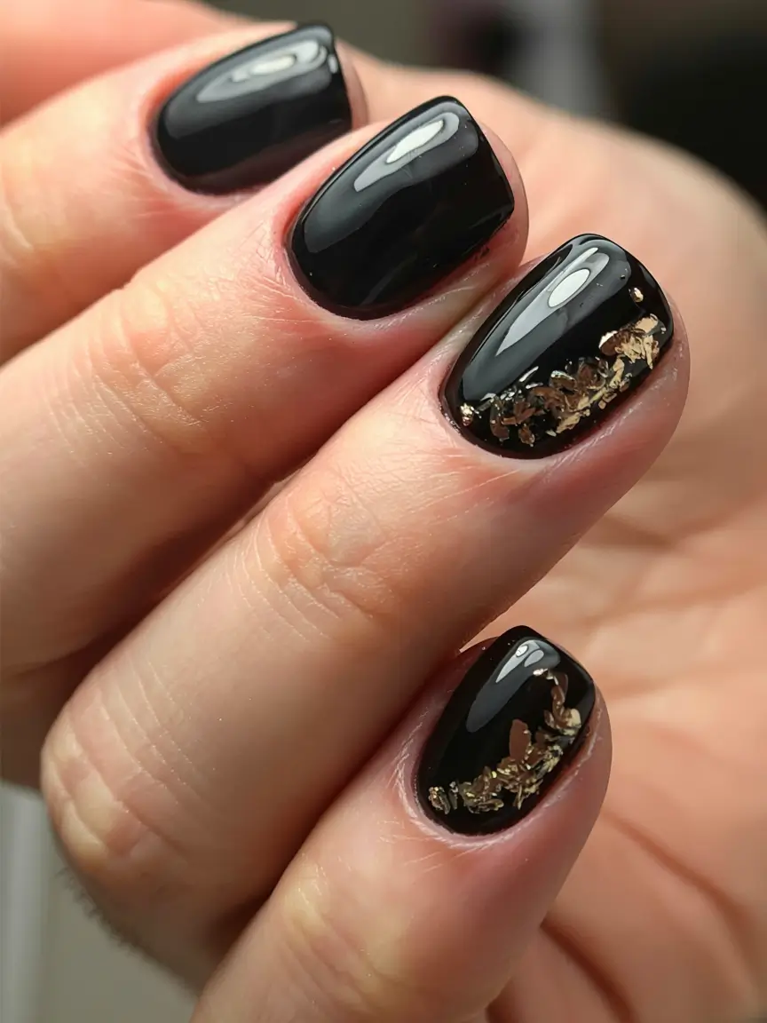 black fall nails 2025 Gold-Flecked Midnight